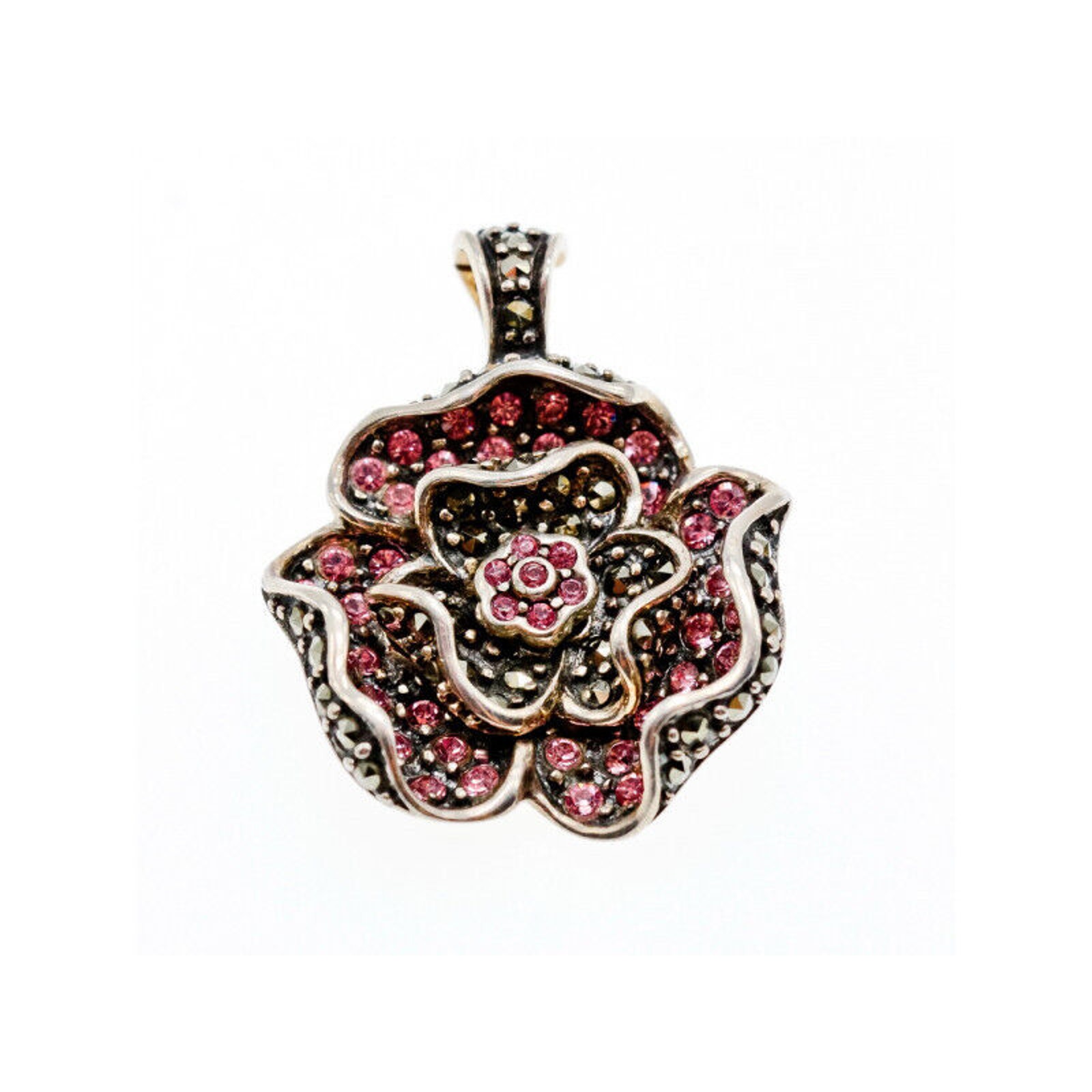 925 Sterling Silver Spinel & Marcasites "Rose" Pendant
